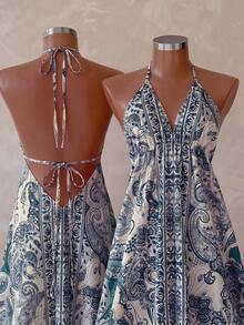 Louniche Vestido de mujer estilo vacaciones de verano con estampado, espalda descubierta y cordón ajustable - Azul - Ver 4