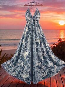 Louniche Vestido de mujer estilo vacaciones de verano con estampado, espalda descubierta y cordón ajustable - Azul - Ver 7