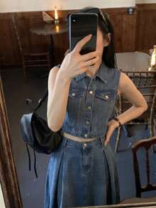 SHEIN 2Pcs Teen Girl Y2k Blue Denim Sleeveless Jacket And Loose-Fitting Comfortable Skirt For Dailywear - Blue - View 5