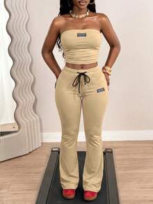 BamGleam Women's Denim Ruched Bandeau Top And Long Pants Casual Athleisure Daily Workout Active 2 Pieces Set Workout Active Tan Summer Tan - Khaki - View 4