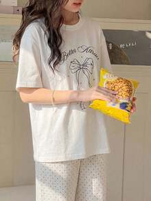 DAZY 大童女孩秋季服飾 (大號) 圓領針織印花短袖T恤 + 格紋睡褲家居服套裝 - 白色 - 查看 6