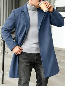 Manfinity Homme Plus Size Men's Solid Color Business Button Long Sleeve Pocket Overcoat - Dusty Blue - View 4