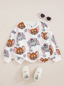 TOM & JERRY X SHEIN بلوزة رياضية كاجوال يومية بطبعة كرتونية وياقة دائرية وأكمام طويلة للفتيات الصغيرات - لون مشمشي - مشاهدة 1