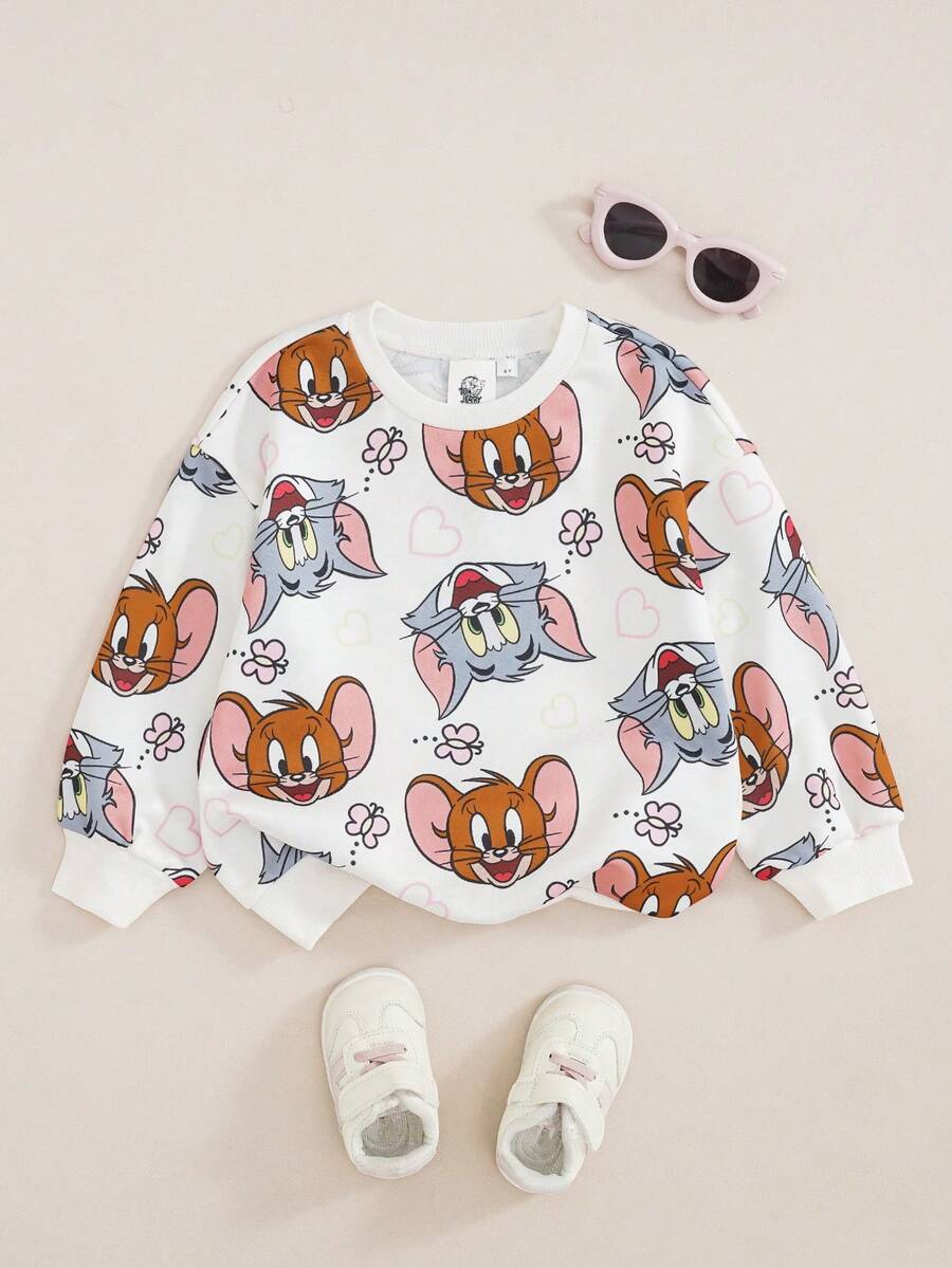 TOM & JERRY X SHEIN بلوزة رياضية كاجوال يومية بطبعة كرتونية وياقة دائرية وأكمام طويلة للفتيات الصغيرات - لون مشمشي - مشاهدة 1