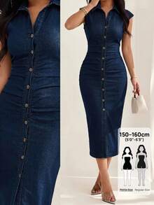 SHEIN PETITE 女款短袖單排扣百褶修身時尚牛仔洋裝 - 深色水洗藍 - 查看 2