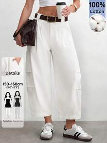 SHEIN PETITE Women's Solid Color Pleated Casual Versatile Daily Travel Long Pants - White - View 7