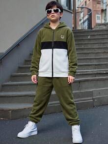 SHEIN 2件組兒童青少年男孩休閒運動連帽外套，拼色拼接開襟長袖衛衣夾克與長褲套裝，適合通勤、上學、日常休閒、度假、旅行、運動，秋冬穿著 - 軍綠色 - 查看 5