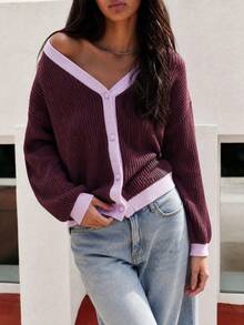 Nöista Ribbed Knit Cardigan In Burgundy With Purpple Contrast Trim, V-Neck, Button Front. Autumn Layering, College, Office, Chic, Cozy Fall. Winter Clothes.. - Rose Red - View 6