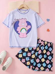 SHEIN X Care Bears Bộ áo thun cổ tròn tay ngắn và quần short cho bé gái tuổi teen - Màu tím - Xem 1