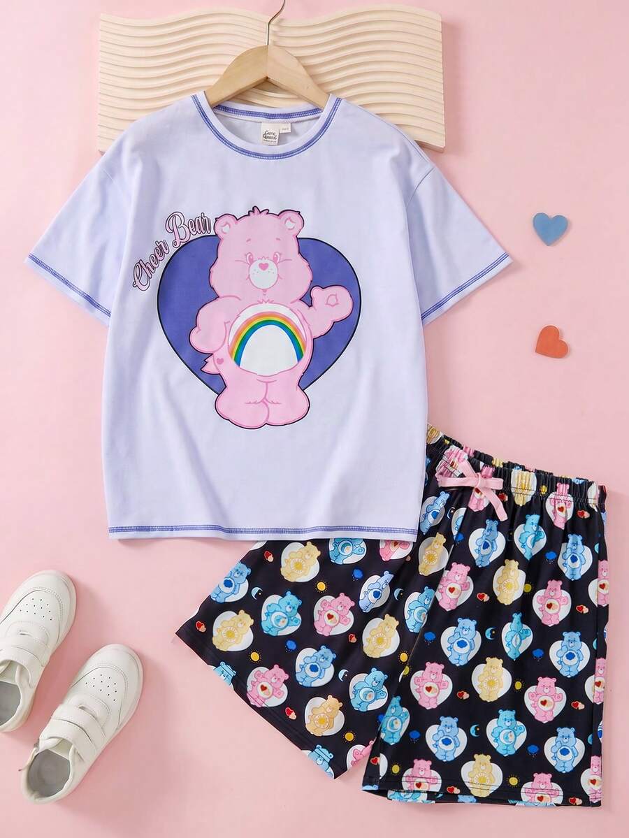 SHEIN X Care Bears Bộ áo thun cổ tròn tay ngắn và quần short cho bé gái tuổi teen - Màu tím - Xem 1