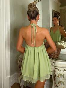 Glamine New Light Green Halter Deep V Summer Dress,Women Open Back Tie Double-Layer Chiffon Vacation Dress,Night Out Vacation,Tropical Romantic - Green - View 3