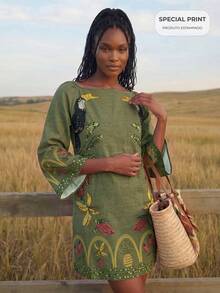 CAJUNI 女款花卉刺繡圖案休閒派對與旅行洋裝 - 橄欖綠 - 查看 3