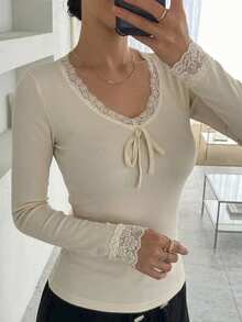 DAZY Women's V-Neck Lace Patchwork Slim Fit Base Layer Top - Apricot - View 6