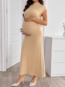 SHEIN Vestido de Suéter Casual de Cor Sólida para Uso Diário, Verão, Outono, Halloween, Casual, Looks para Sair, Outono, Mulheres Grávidas - Castanho - Visão 6
