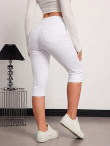 SHEIN Tall 女款彈性腰口袋修身短版牛仔褲 - 白色 - 查看 2