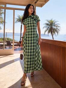 Nöista Women's Fashion Elegant Frog Button Plaid Short Sleeve Dress - Dark Green - View 1