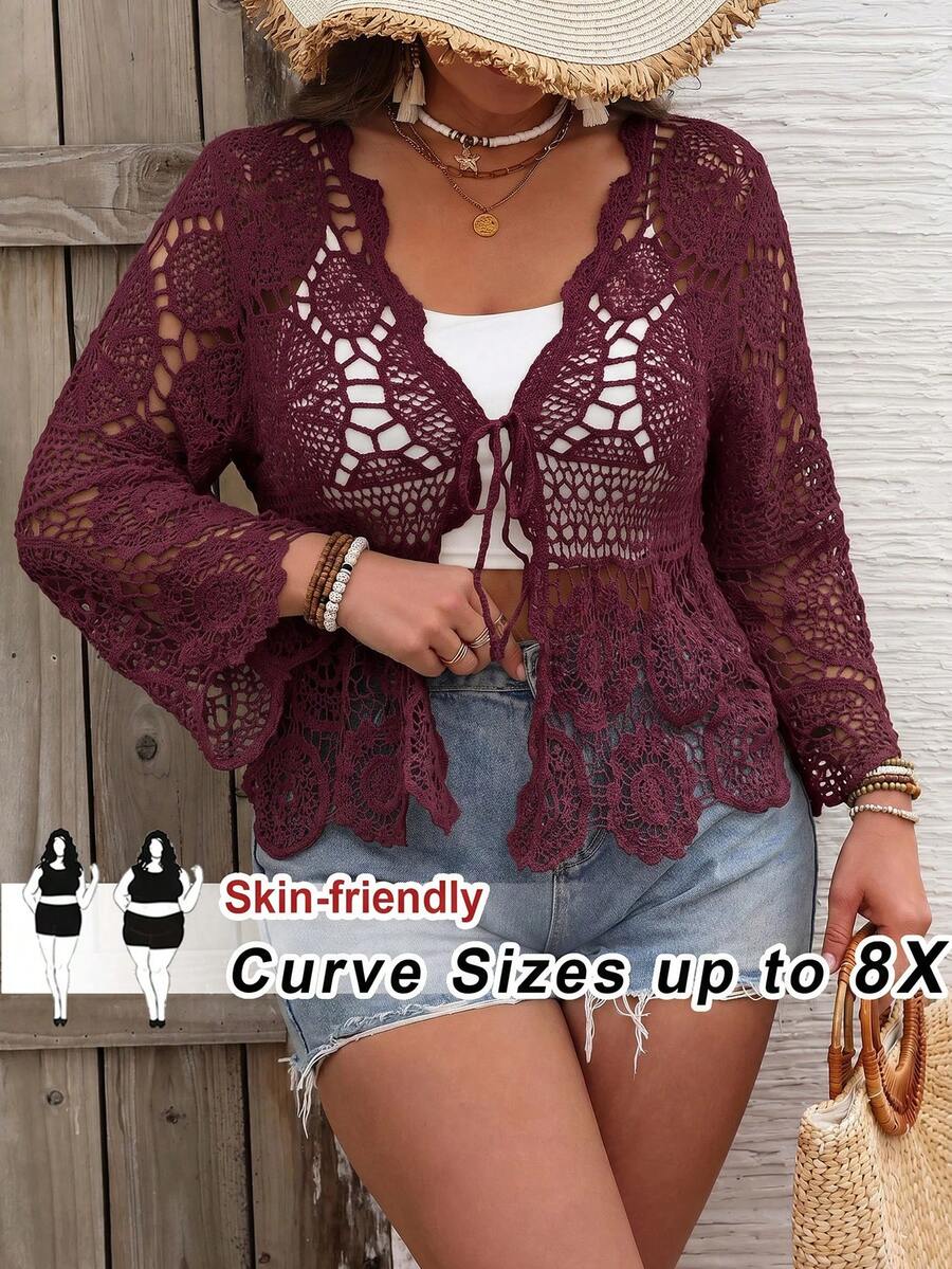 SHEIN CURVE+ Women's Plus Size Solid Color Front Tie Long Sleeve Knit Hollow Out Cardigan, Suitable For Beach Vacation, Bohemian Romantic Style Fall Burgundy - Red Violet - View 1
