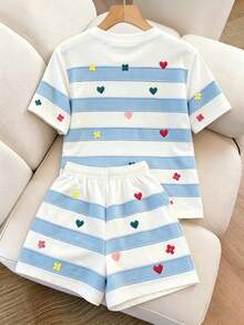 Resyla Women's T-Shirt And Shorts Set, Heart Stripe Print Pattern, Summer Outing Top, High-End Feel, Casual Cute Versatile, Daily Wear, Shopping Brunch - Multicolor - View 2