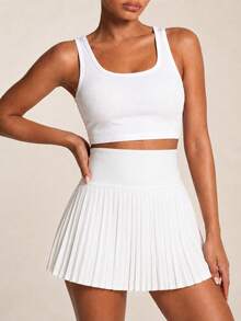 SHEIN BAE Movishi High Stretch Women's White Pleated Knitted Mini Skirt: Casual And Style With Built-In Shorts For Comfort,Built-In Shorts,Summer Skort Sports - White - View 8