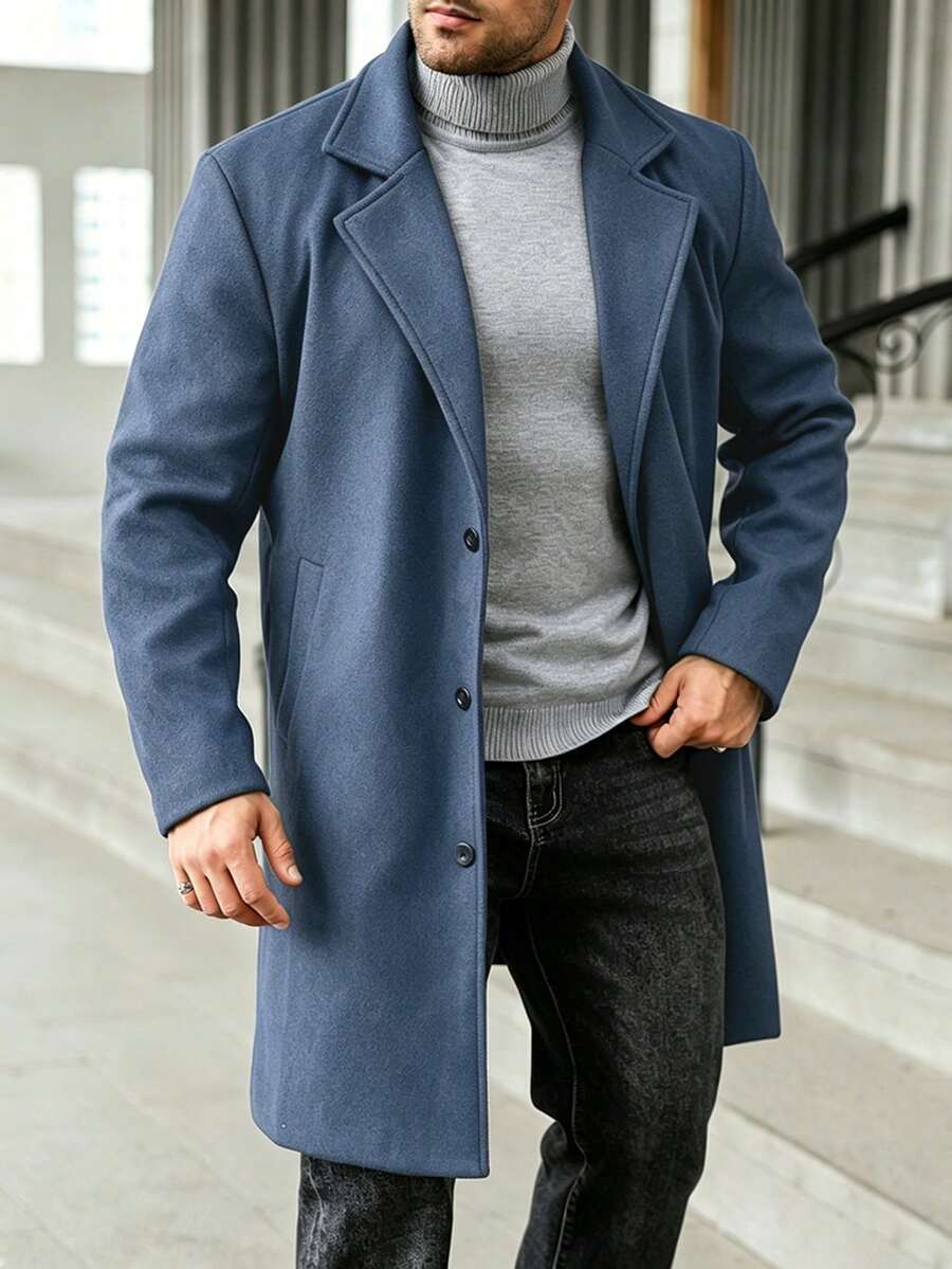 Manfinity Homme Plus Size Men's Solid Color Business Button Long Sleeve Pocket Overcoat - Dusty Blue - View 1