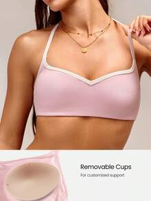GLOWMODE FeatherFit™ All-Star Glow Soft Lightweight Anti-Slip Color-Contasting Neckline Demi Sports Bra Yoga Pilates Studio Daily Active Wear - Baby Pink - View 3