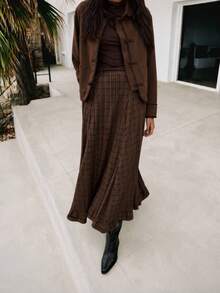 Nöista Brown Plaid Maxi Skirt With Ruffle Details. Occasionwear, Romantic, Chic Style. Elegant Boho - Brown - View 5