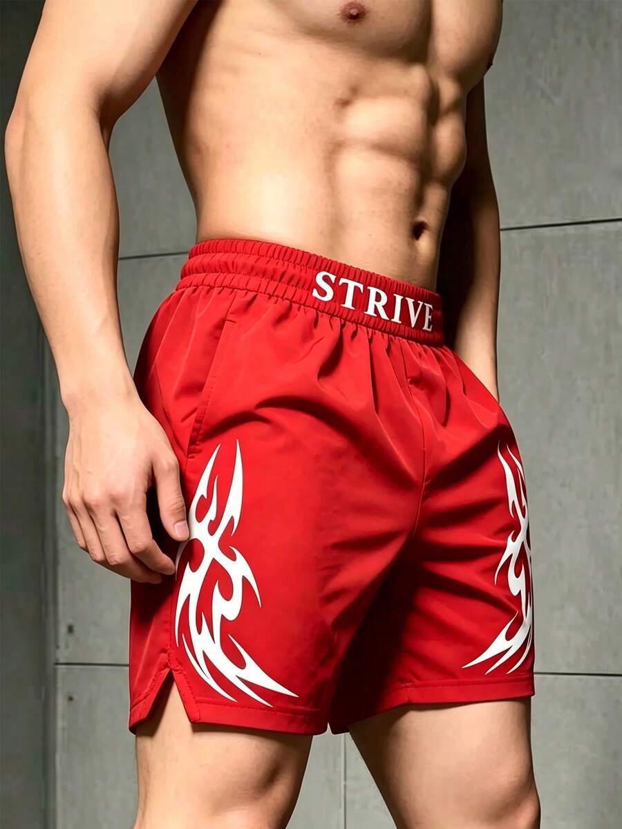 Gym Rark Manfinity EMRG 男士休閒字母印花短褲,夏季火焰短褲 - 紅色 - 查看 1