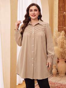 Lacomfia Plus Size Women Solid Color Contrast Lace Long Sleeve Single-Breasted Blouse - Apricot - View 7