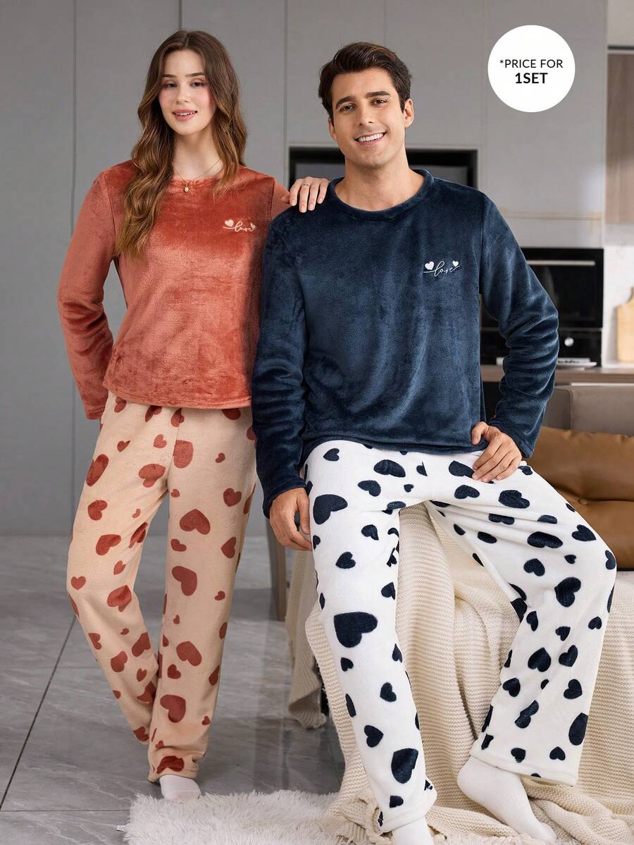 CoupledUp Set Piyama Pria Flanel Lengan Panjang Motif Hati yang Nyaman - Navy Blue - View 1