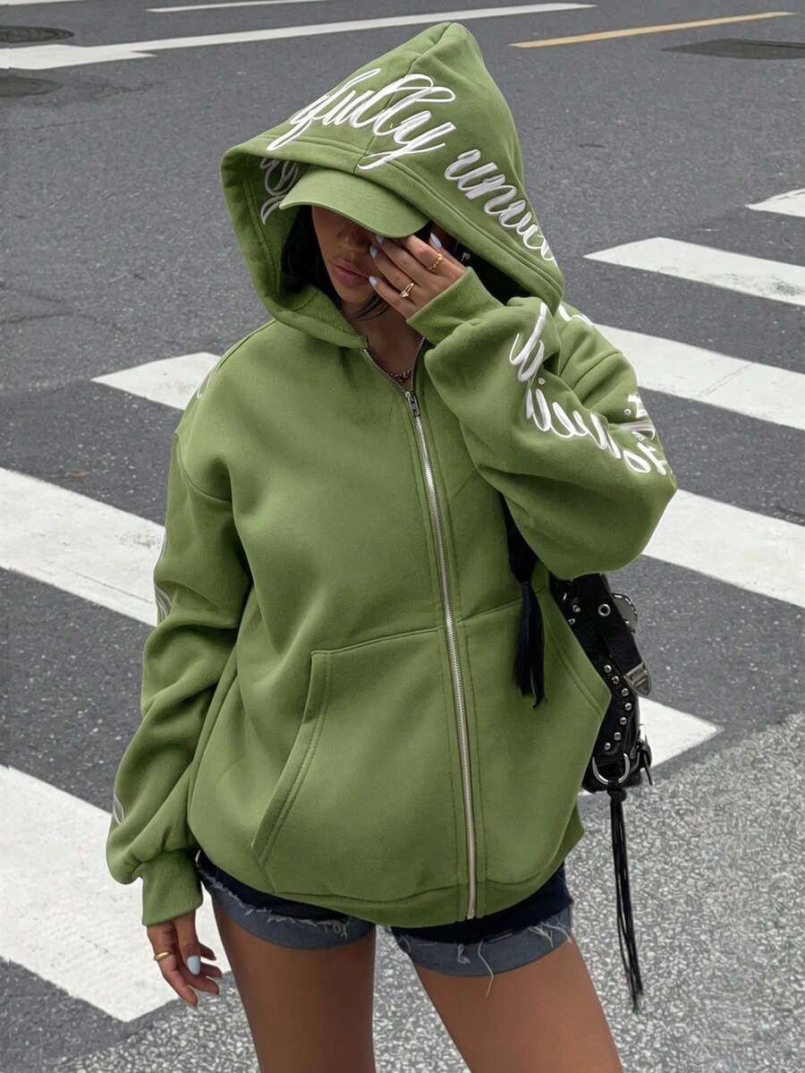 Muchica 女款字母印花連帽拉鍊時尚百搭休閒日常運動衫 - 軍綠色 - 查看 1