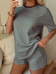 SHEIN EZwear 女士条纹圆领短袖T恤和短裤套装 - 咖啡棕 - 查看 6