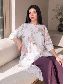 Auveirra 大尺碼女款花卉印花高低下擺上衣與長褲休閒兩件套 秋季 - 彩色 - 查看 3