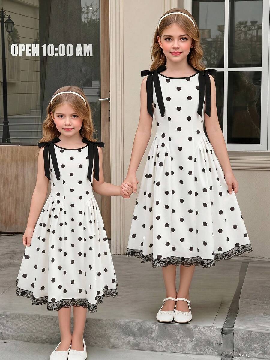 SHEIN Serisse Kids 少女休閒法式優雅波點印花拼接收腰長洋裝,休閒優雅百搭日常款,適合儀式、派對及各種場合,畢業季穿搭新款女童洋裝 - 白色 - 查看 1