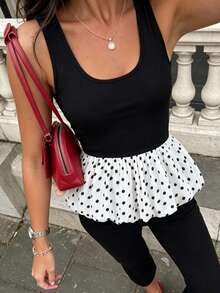 SHEIN PariChic Women's Polka Dot Patchwork Pleated Casual Versatile Daily Wear Top - Black and White - View 4