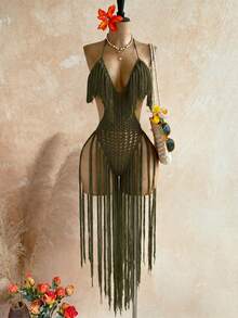 Soleia Vestido de cobertura de moda para mujer con cuello halter, borlas y diseño calado, para vacaciones en la playa, verde oliva, estilo bohemio de verano, para traje de baño y bañadores - Verde militar - Ver 1