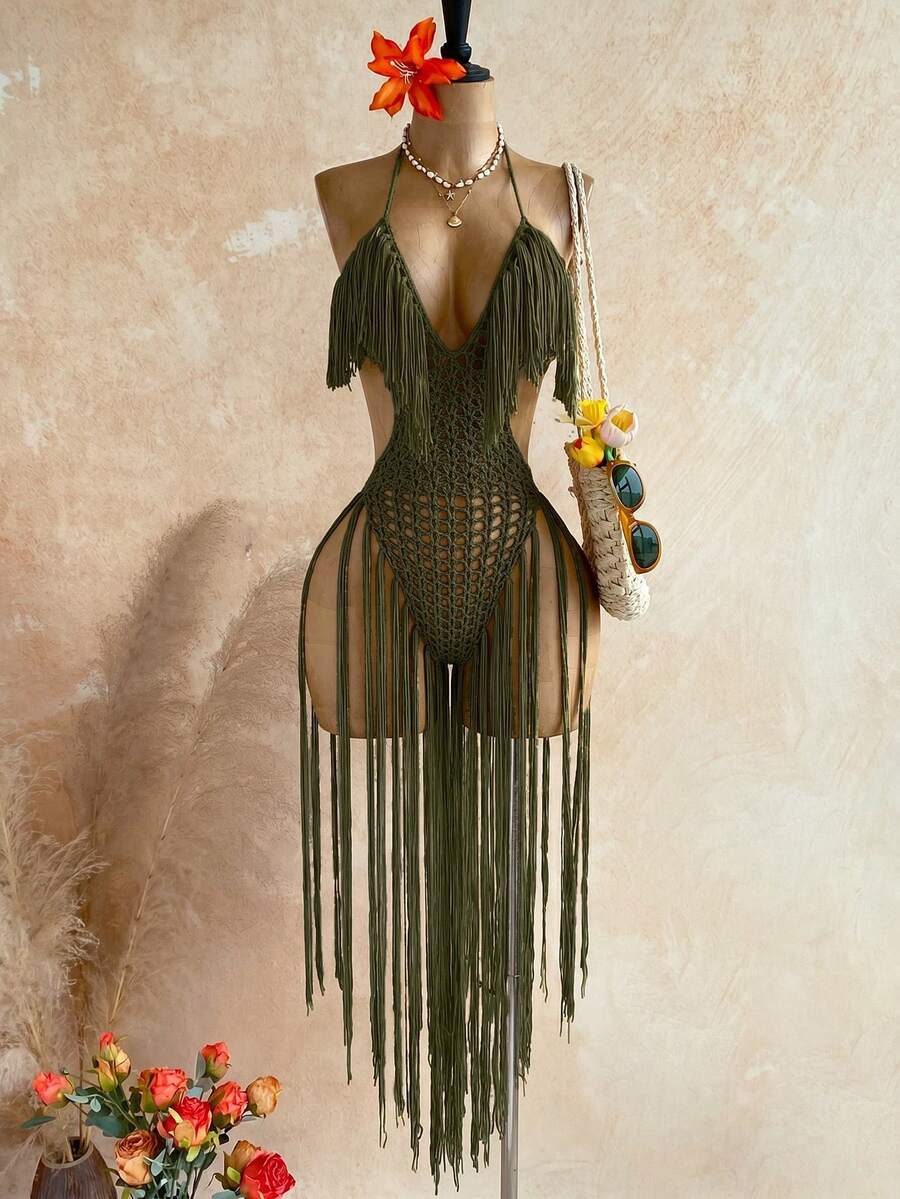 Soleia Vestido de cobertura de moda para mujer con cuello halter, borlas y diseño calado, para vacaciones en la playa, verde oliva, estilo bohemio de verano, para traje de baño y bañadores - Verde militar - Ver 1