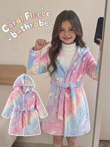 SHEIN 女童愛心卡通螢光圖案保暖內裡厚絨連帽長袖前綁帶睡袍睡衣 秋冬套裝 - 彩色 - 查看 8