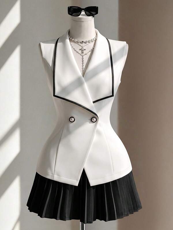 Fine & Folde Early Autumn Large Lapel Contrast Color Collar Double-Breasted Waist-Cinching A-Line Pearl Button Vintage Elegant Exquisite Fashion Design Commute Versatile Women's Vest Jacket