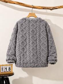 SHEIN 男童秋冬舒適休閒紋理抓絨圓領長袖拼接連帽素色運動衫 - 灰色 - 查看 4