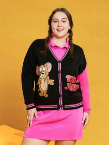 TOM & JERRY X SHEIN Plus Cartoon Pattern Color Blocking Drop Shoulder Knitted Cardigan - Multicolor - View 6