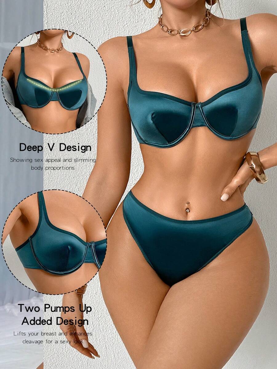 2pcs Women Solid Color Minimalist Casual Bra Set With Underwire - Teal Blue - View 1