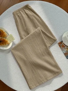 Elamini Pantalones largos casuales versátiles de unicolor con cintura de cordón para mujer, para uso diario y salidas - Caqui - Ver 2