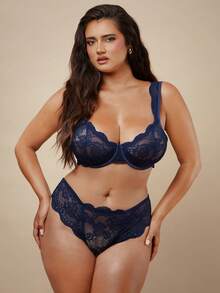 SHEIN BAE CURVE 2pcs/Set Plus Size Lace Sexy Bra And Panty Lingerie Set, Minimalist & Fashionable For Casual And Daily Wear, Lift - Navy Blue - View 5