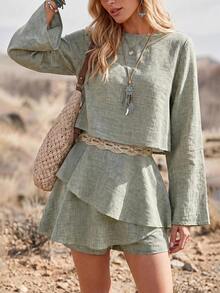 Wildy BOHO Casual Western Country Nomad Women's Summer Outfit, Long Sleeve Top And Skirt 2-Piece Set For Outings Picnic, Commuting, Sage Green Fall Clothes - Green - View 1
