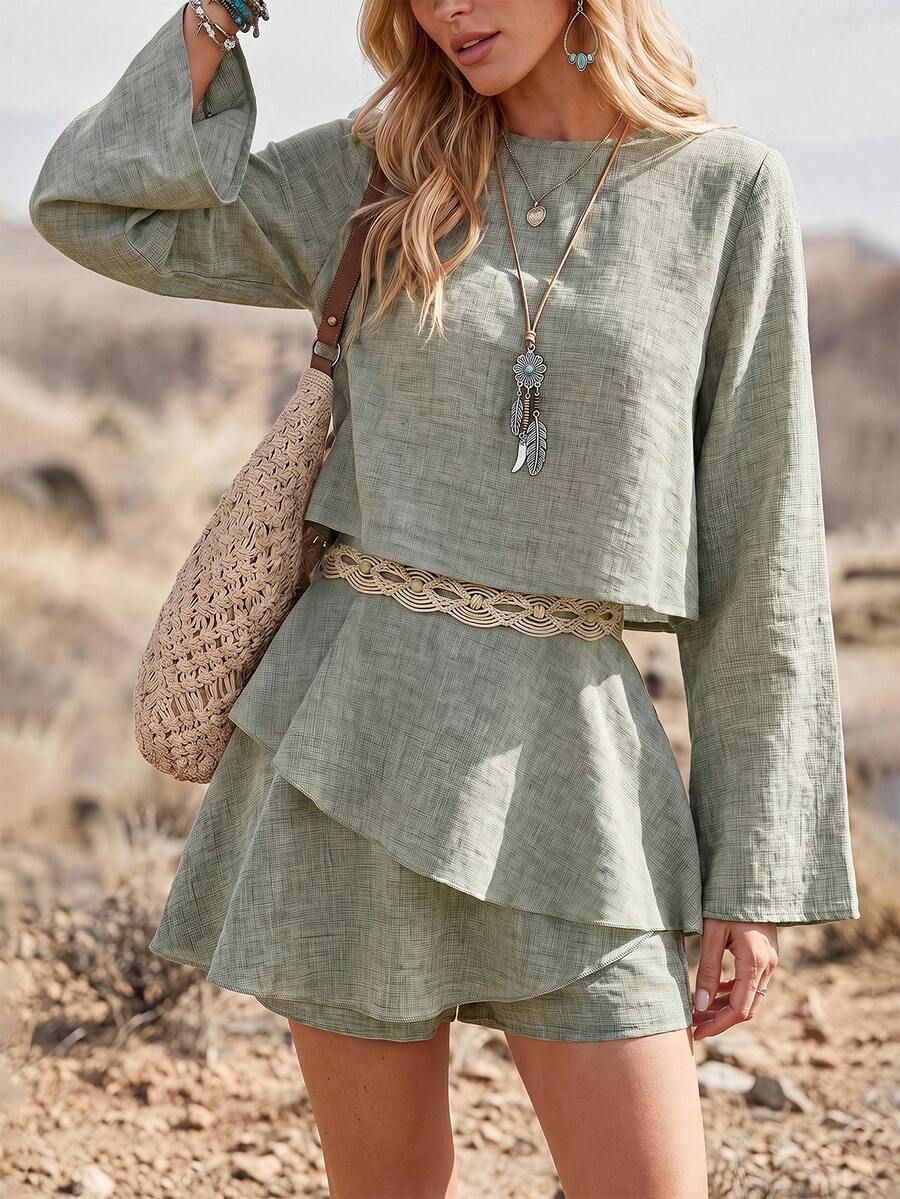 Wildy BOHO Casual Western Country Nomad Women's Summer Outfit, Long Sleeve Top And Skirt 2-Piece Set For Outings Picnic, Commuting, Sage Green Fall Clothes - Green - View 1