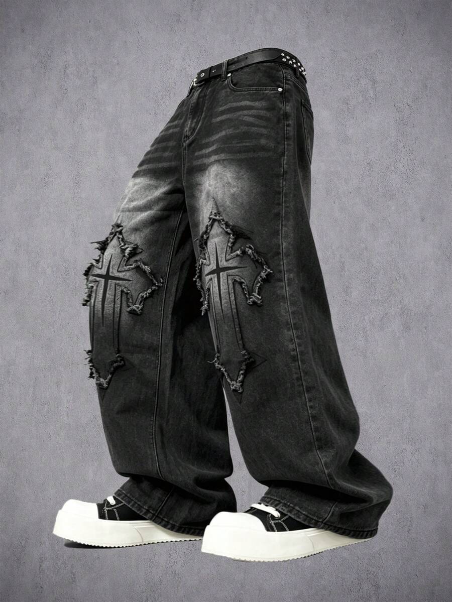 Manfinity Denimwave 男士街頭風哥德式十字印花黑白對比牛仔喇叭褲 - 黑色 - 查看 1