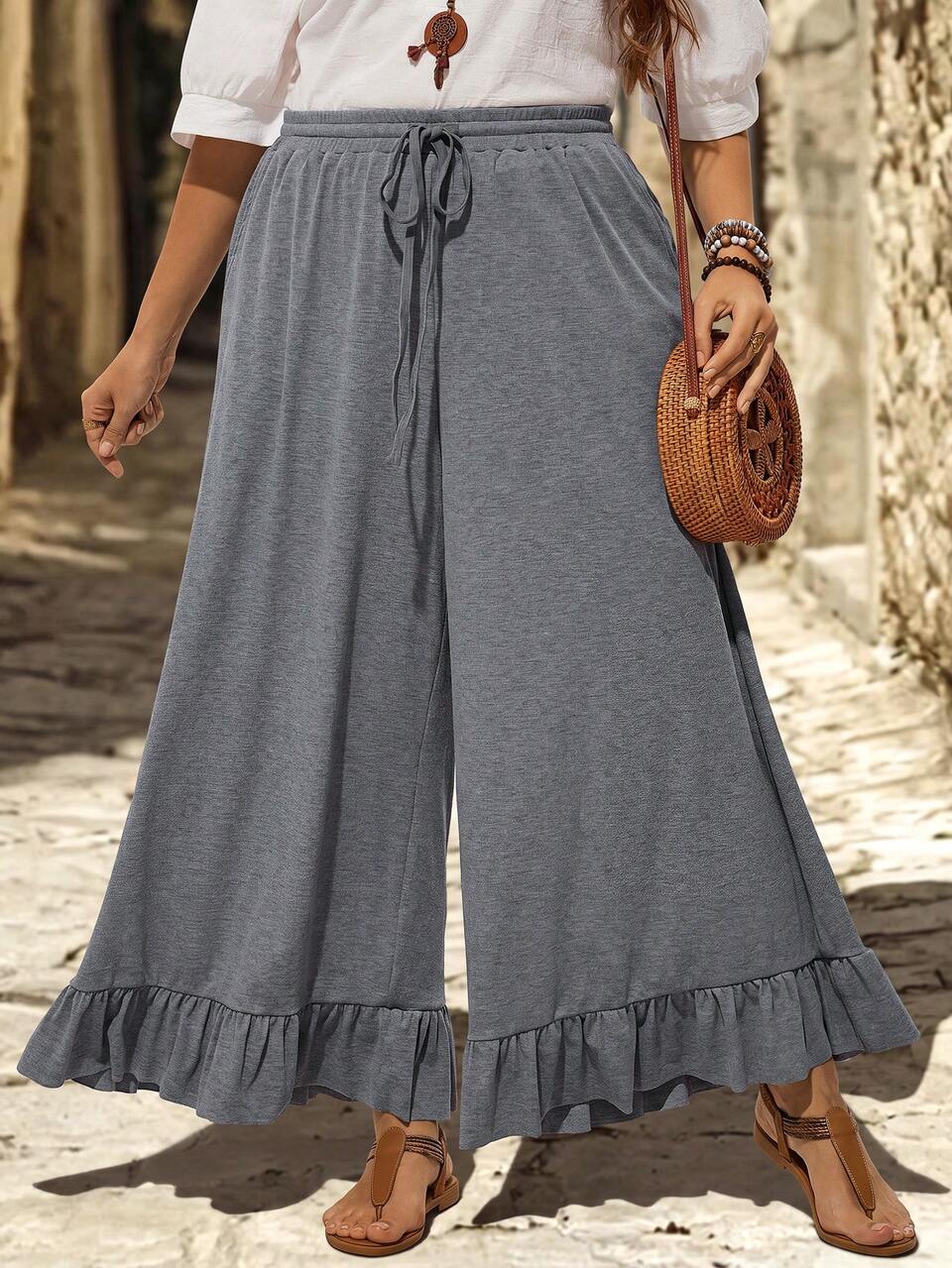 Plus Size Casual Traditional Elegant Vacation Ruffle Wide Leg Pants, Autumn For Women, Back To School Going Out Formal Country Concert Fall Gray