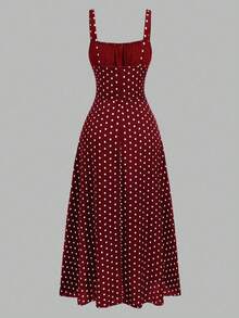 Auvina Plus Size Elegant Polka Dot Print Sleeveless Dress, Summer - Burgundy - View 2