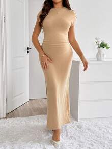 SHEIN Vestido de Suéter Casual de Cor Sólida para Uso Diário, Verão, Outono, Halloween, Casual, Looks para Sair, Outono, Mulheres Grávidas - Castanho - Visão 7