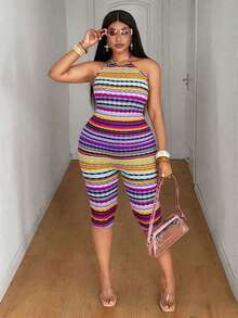 Maweii 2025 New Colorful Striped Skinny Jumpsuit, Plus Size High Elasticity - Multicolor - View 5